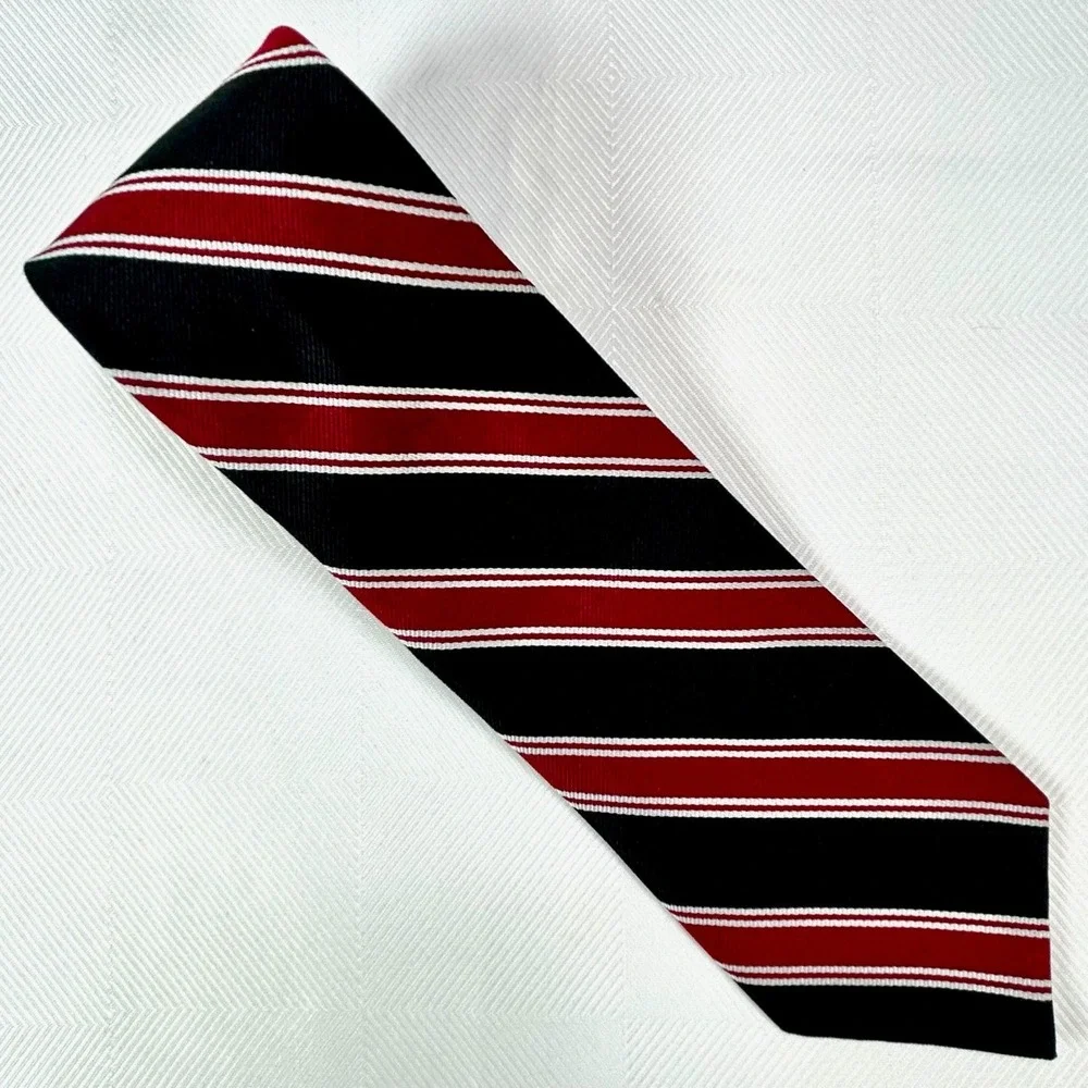 VTG Brooks Brothers Makers Red Black White Classic Stripe 100% Silk Tie